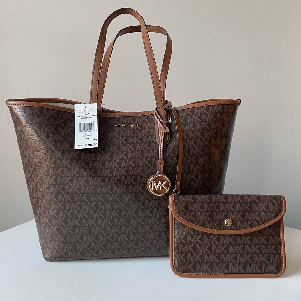 NWT MICHAEL Michael Kors Eliza Large East West Open Snap Tote in Brown Acorn